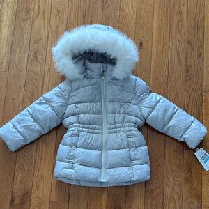 Michael Kors Silver Puffer Jacket with White Faux Fur Hood